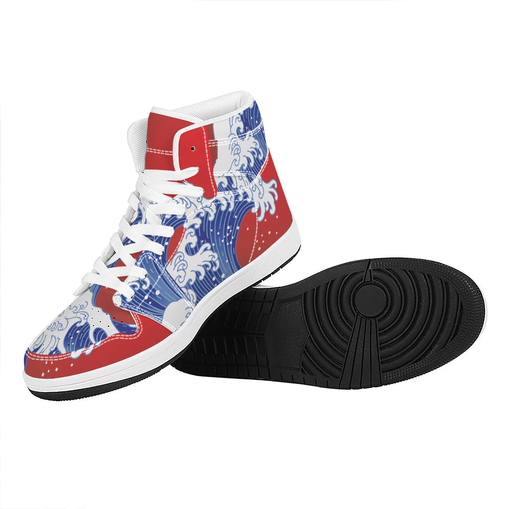 Red Sun Japanese Wave Print High Top Leather Sneakers