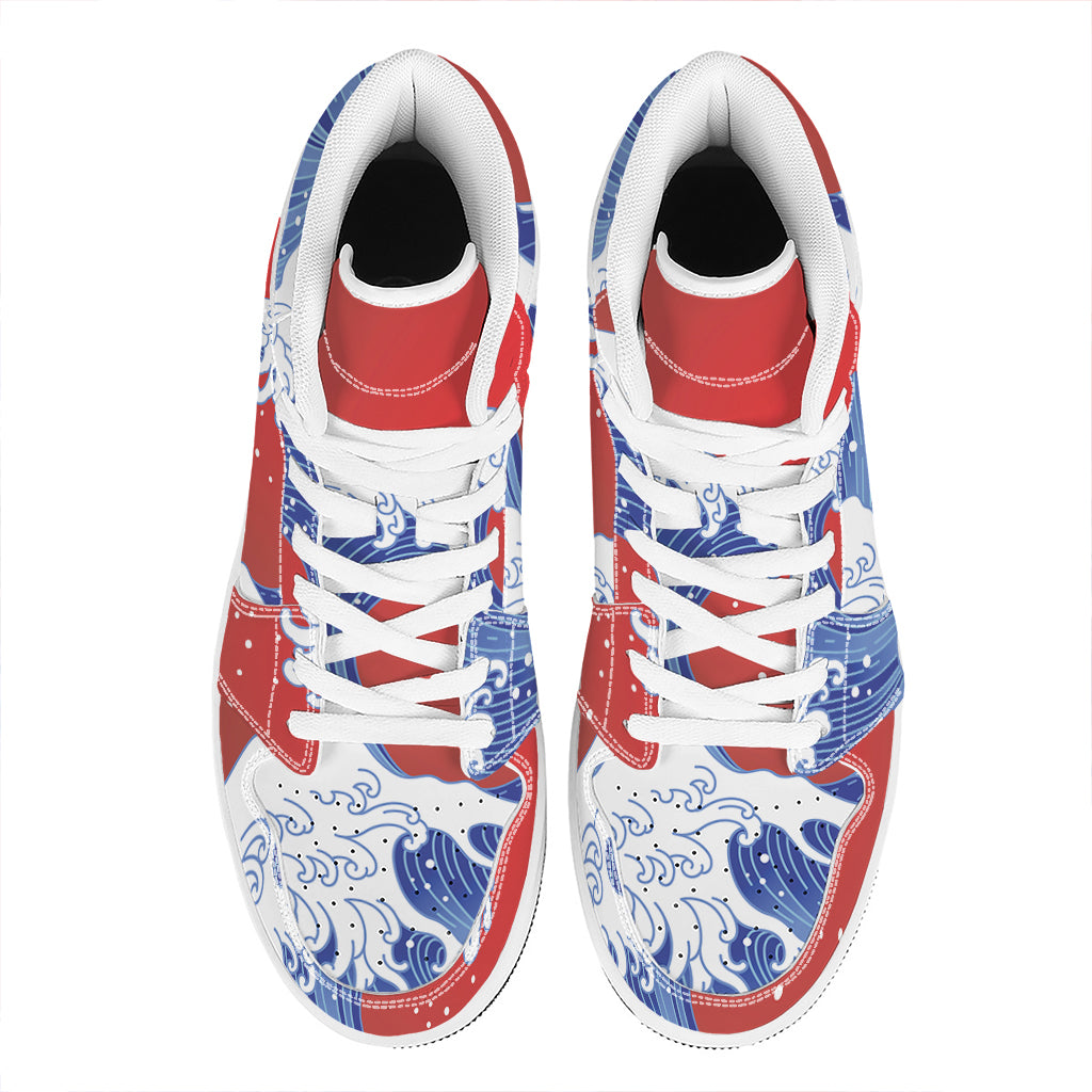 Red Sun Japanese Wave Print High Top Leather Sneakers