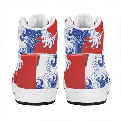 Red Sun Japanese Wave Print High Top Leather Sneakers