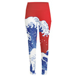 Red Sun Japanese Wave Print High-Waisted Pocket Leggings