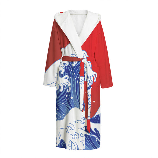 Red Sun Japanese Wave Print Hooded Bathrobe