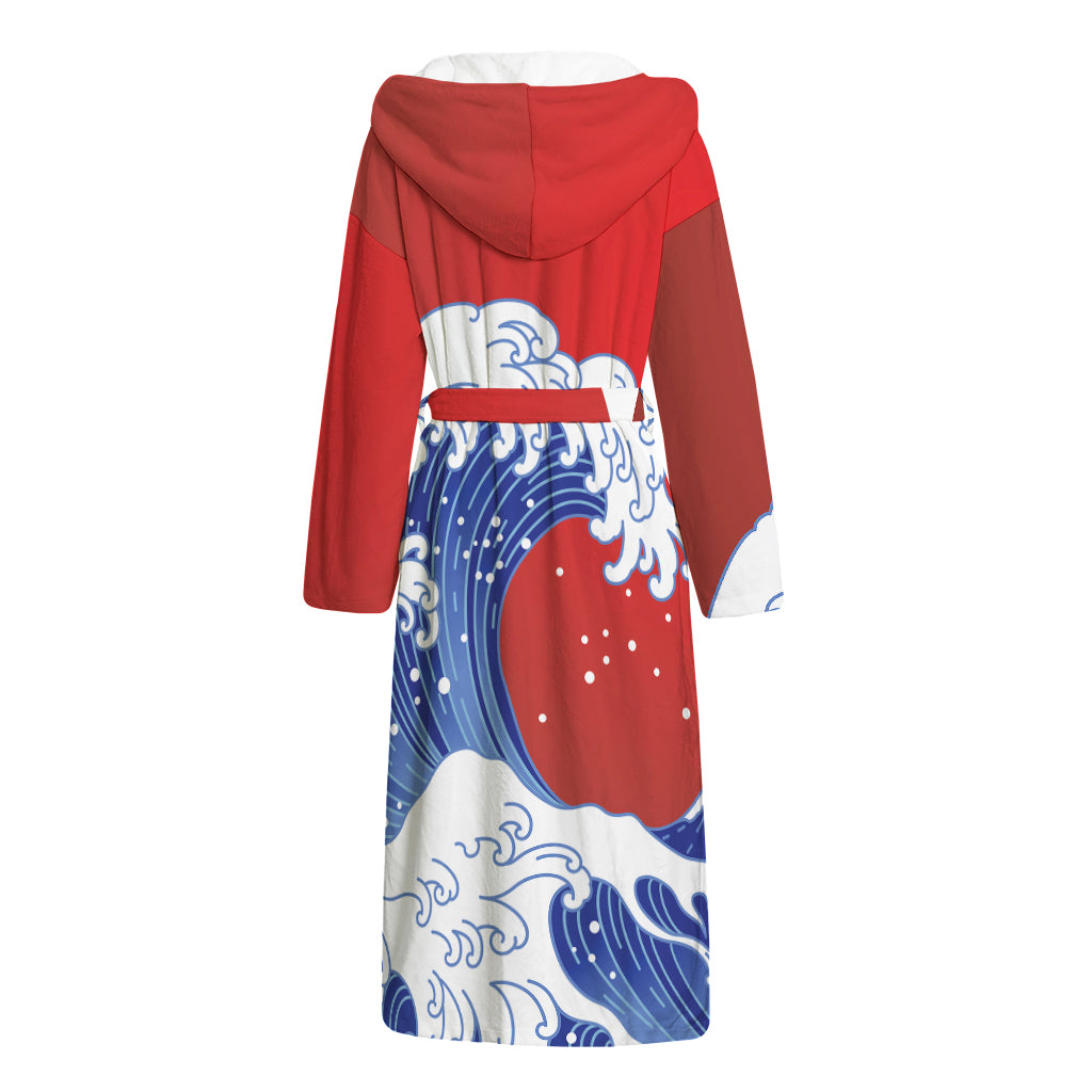 Red Sun Japanese Wave Print Hooded Bathrobe