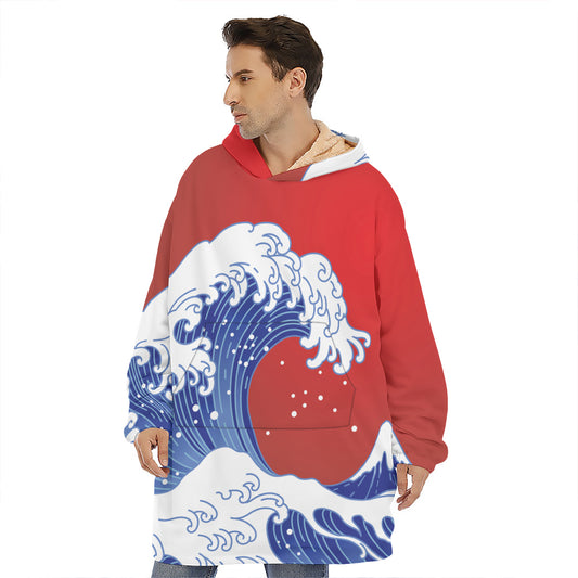 Red Sun Japanese Wave Print Hoodie Blanket