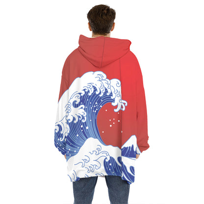 Red Sun Japanese Wave Print Hoodie Blanket
