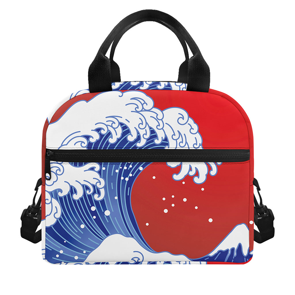 Red Sun Japanese Wave Print Insulated Lunch Bag