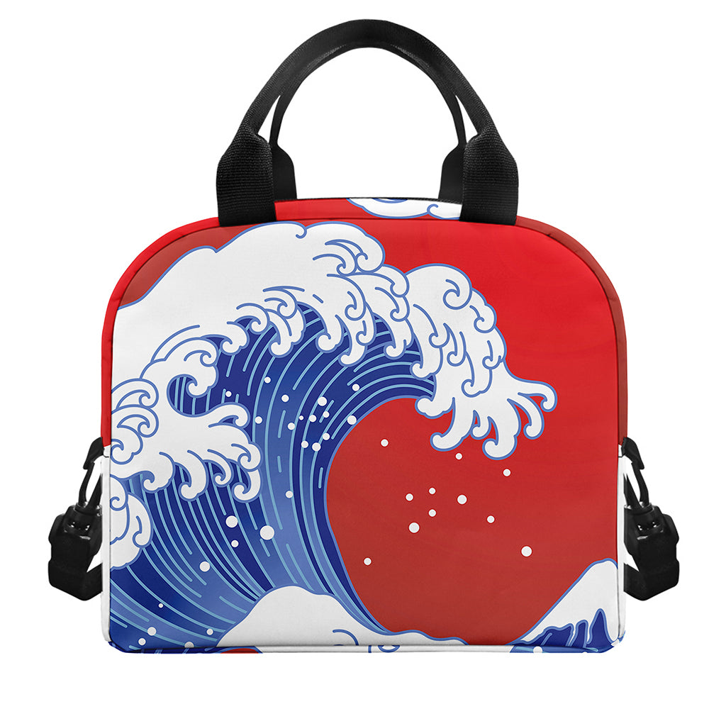 Red Sun Japanese Wave Print Insulated Lunch Bag