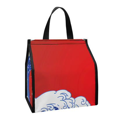 Red Sun Japanese Wave Print Insulated Lunch Tote