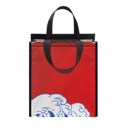 Red Sun Japanese Wave Print Insulated Lunch Tote