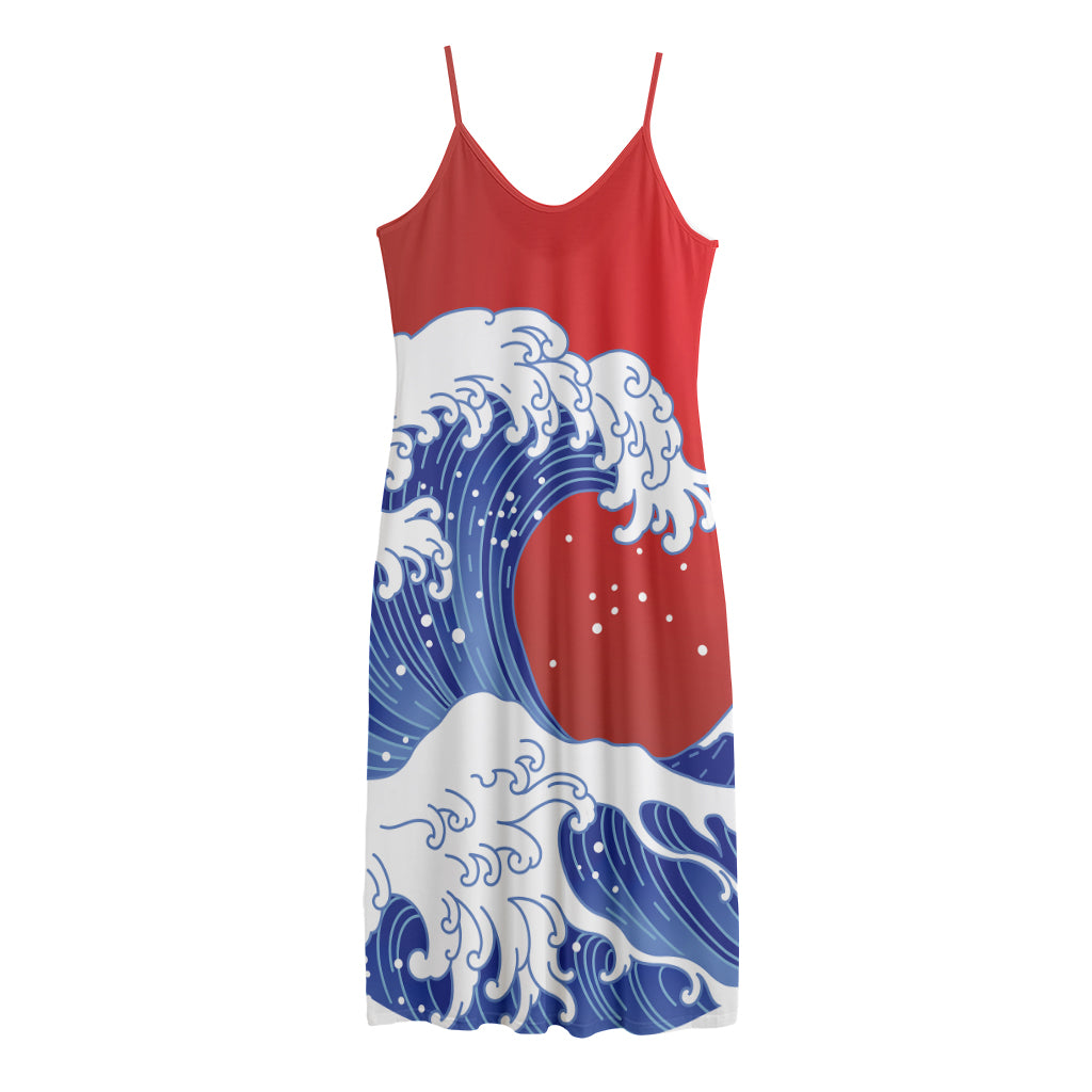 Red Sun Japanese Wave Print Jersey Midi Cami Dress