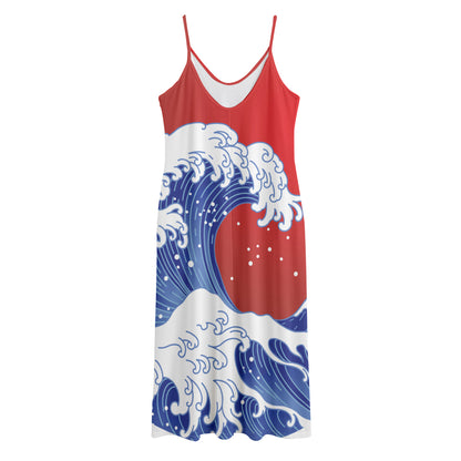 Red Sun Japanese Wave Print Jersey Midi Cami Dress