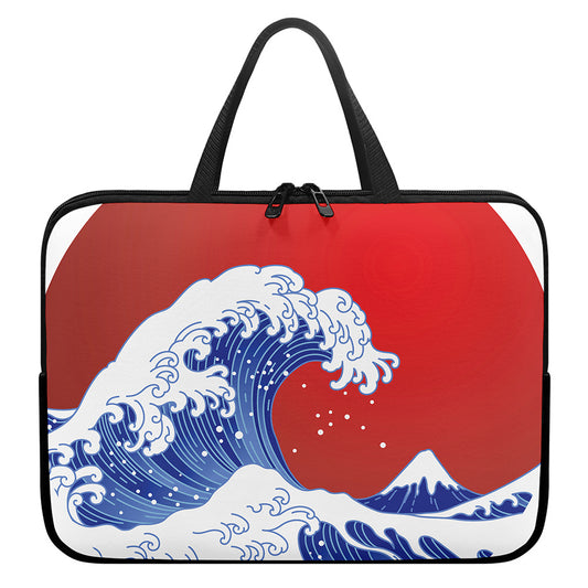 Red Sun Japanese Wave Print Laptop Sleeve With Handle