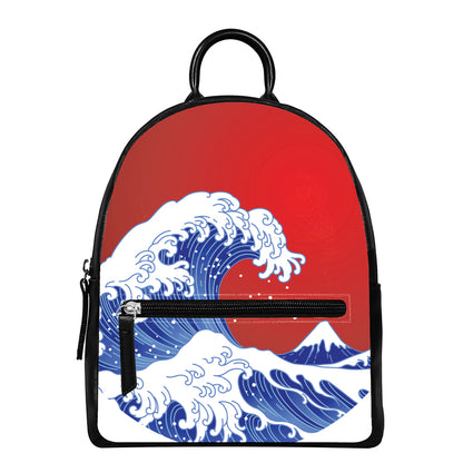 Red Sun Japanese Wave Print Leather Backpack