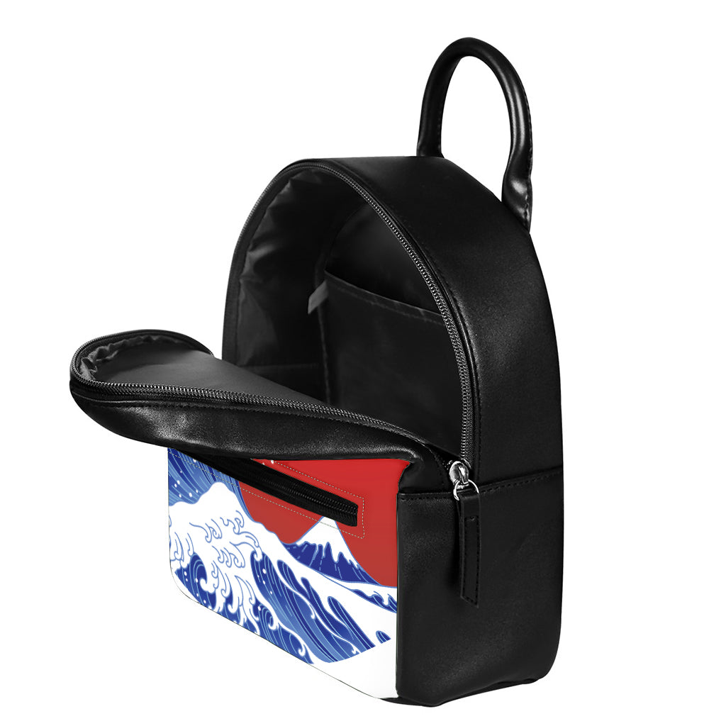 Red Sun Japanese Wave Print Leather Backpack