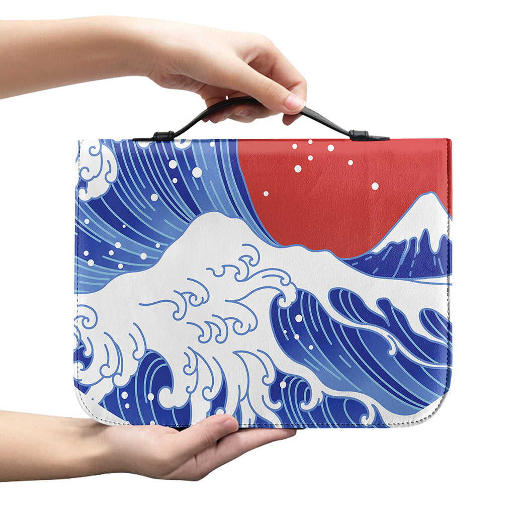 Red Sun Japanese Wave Print Leather Bible Cover