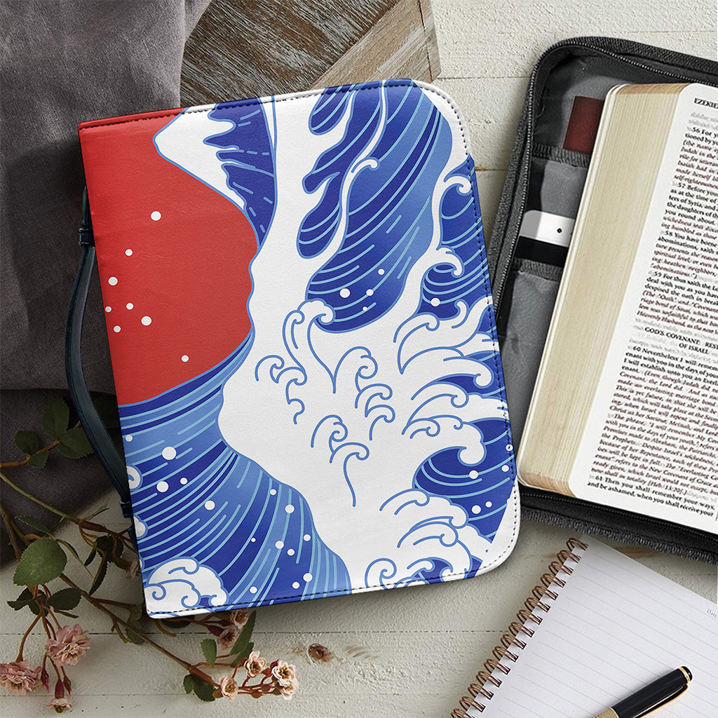 Red Sun Japanese Wave Print Leather Bible Cover