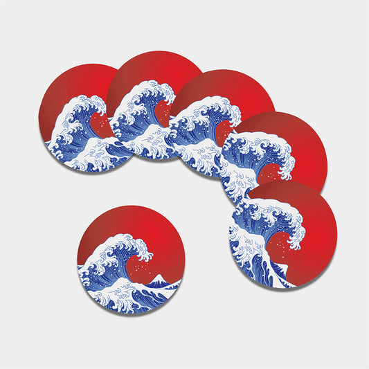 Red Sun Japanese Wave Print Leather Coaster Set
