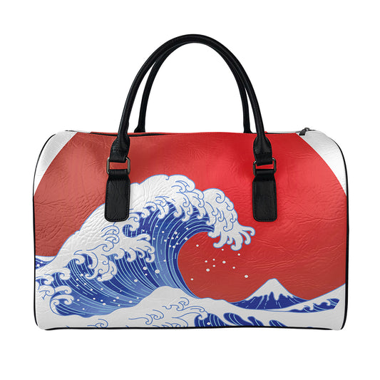 Red Sun Japanese Wave Print Leather Duffle Bag