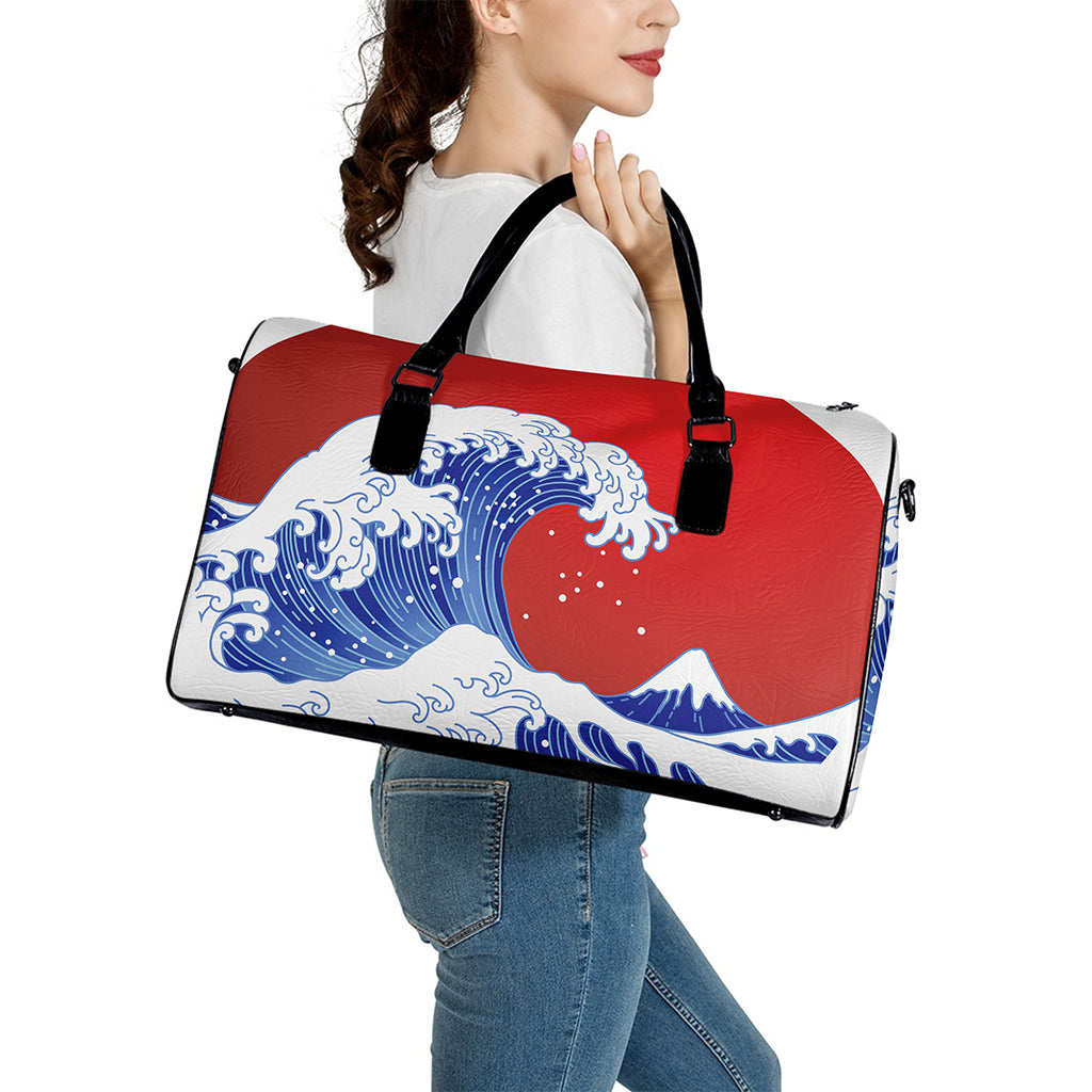 Red Sun Japanese Wave Print Leather Duffle Bag