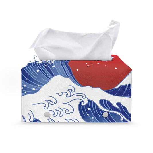 Red Sun Japanese Wave Print Leather Tissue Box Cover