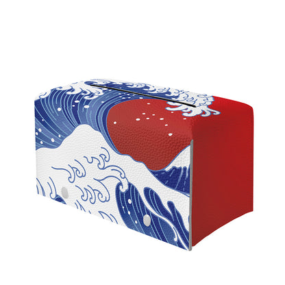 Red Sun Japanese Wave Print Leather Tissue Box Cover
