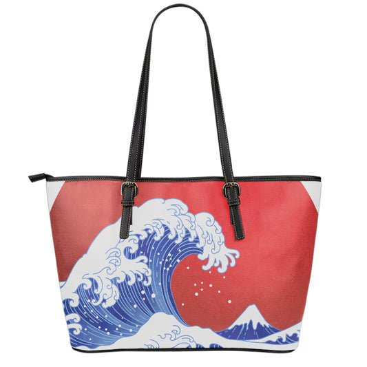 Red Sun Japanese Wave Print Leather Tote Bag