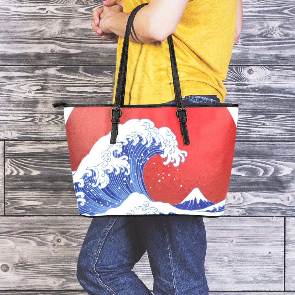 Red Sun Japanese Wave Print Leather Tote Bag