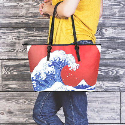 Red Sun Japanese Wave Print Leather Tote Bag