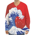 Red Sun Japanese Wave Print Long Sleeve Baseball Jersey