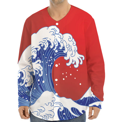Red Sun Japanese Wave Print Long Sleeve Baseball Jersey