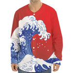 Red Sun Japanese Wave Print Long Sleeve Baseball Jersey