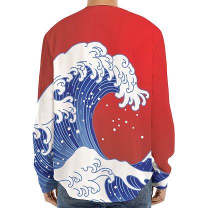 Red Sun Japanese Wave Print Long Sleeve Baseball Jersey