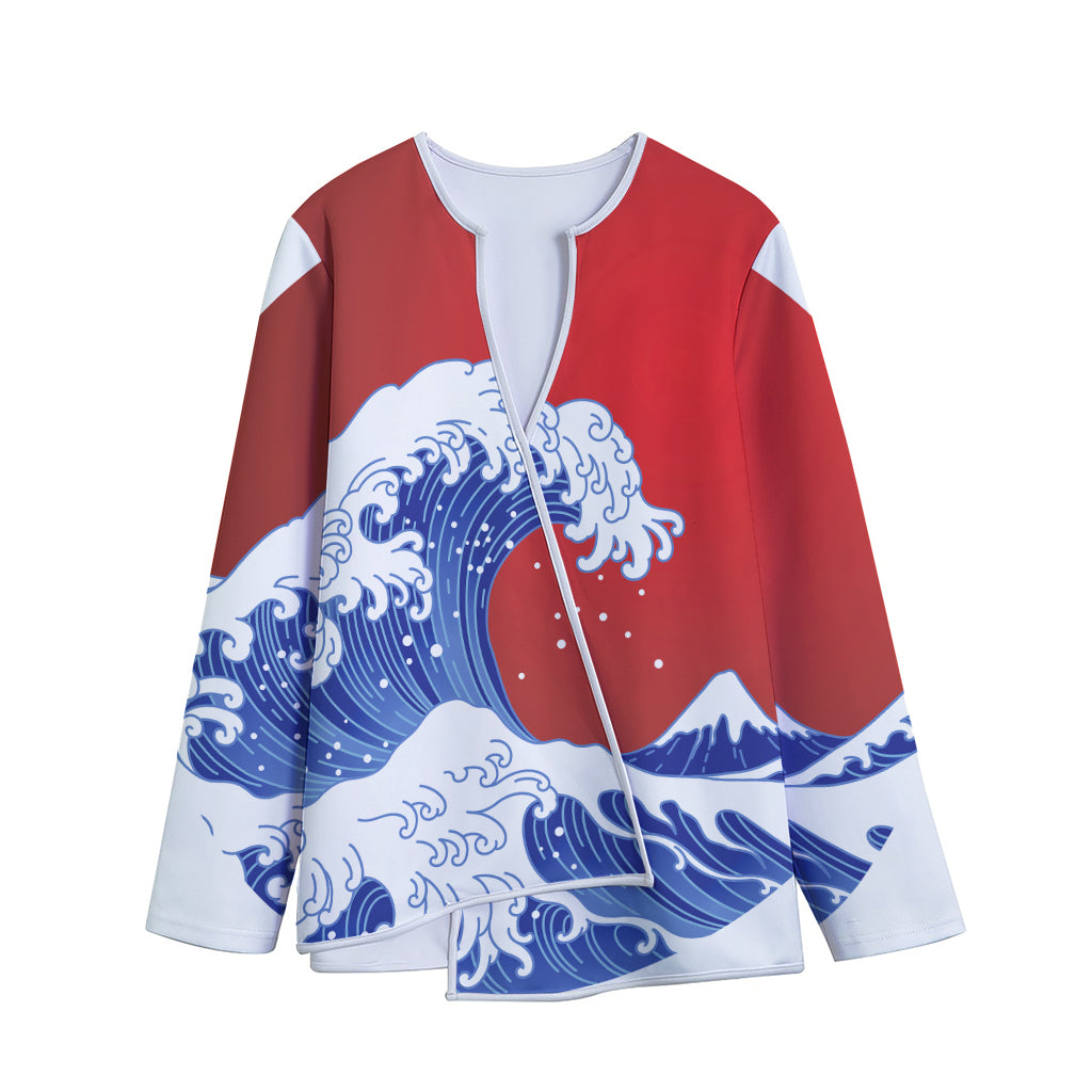 Red Sun Japanese Wave Print Long Sleeve Short Coat