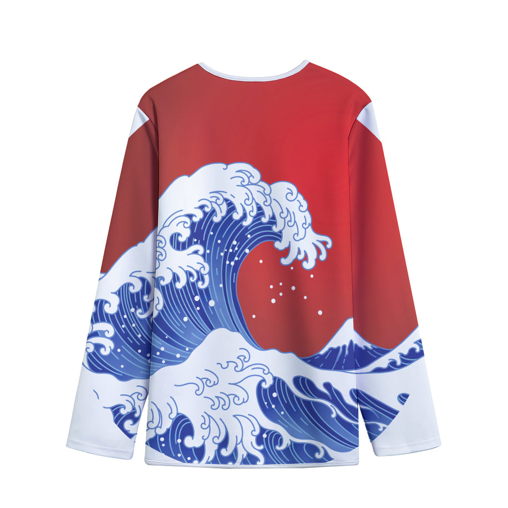 Red Sun Japanese Wave Print Long Sleeve Short Coat