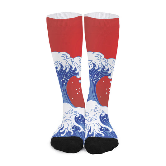 Red Sun Japanese Wave Print Long Socks