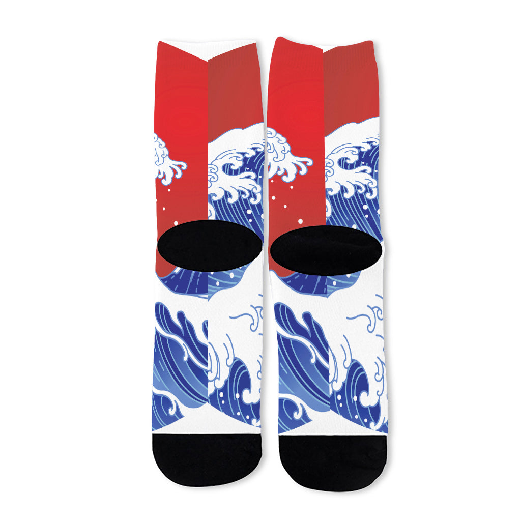 Red Sun Japanese Wave Print Long Socks