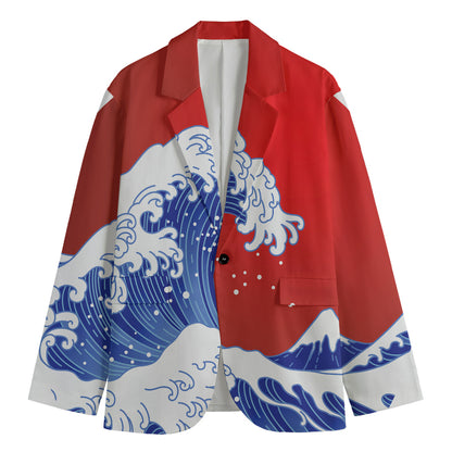 Red Sun Japanese Wave Print Men's Blazer