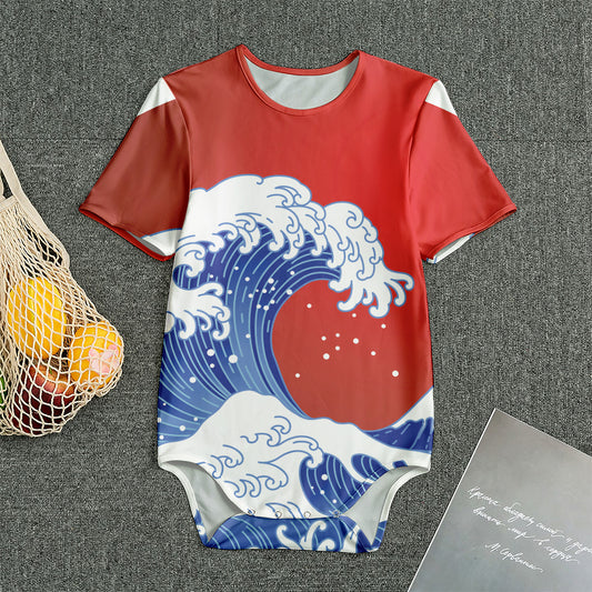 Red Sun Japanese Wave Print Men's Bodysuit
