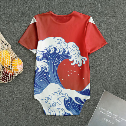 Red Sun Japanese Wave Print Men's Bodysuit