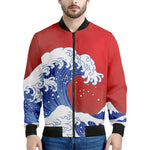 Red Sun Japanese Wave Print Men's Bomber Jacket
