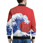 Red Sun Japanese Wave Print Men's Bomber Jacket