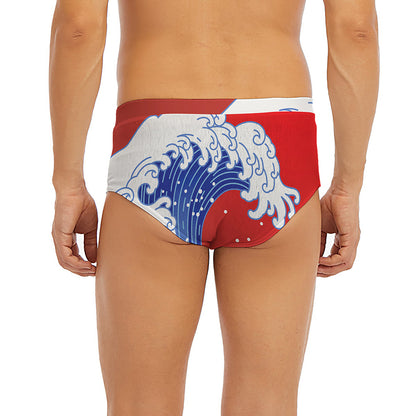 Red Sun Japanese Wave Print Men's Briefs