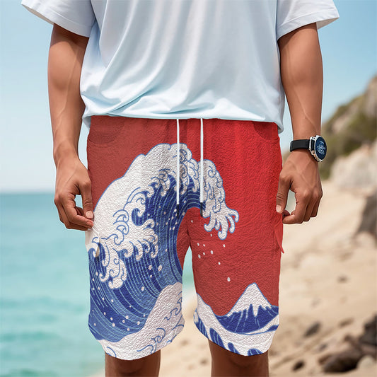 Red Sun Japanese Wave Print Men's Cargo Shorts