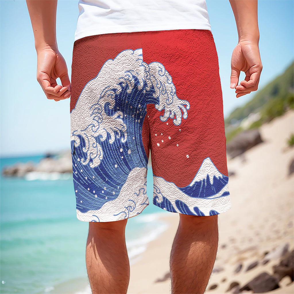 Red Sun Japanese Wave Print Men's Cargo Shorts