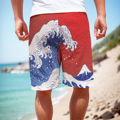 Red Sun Japanese Wave Print Men's Cargo Shorts