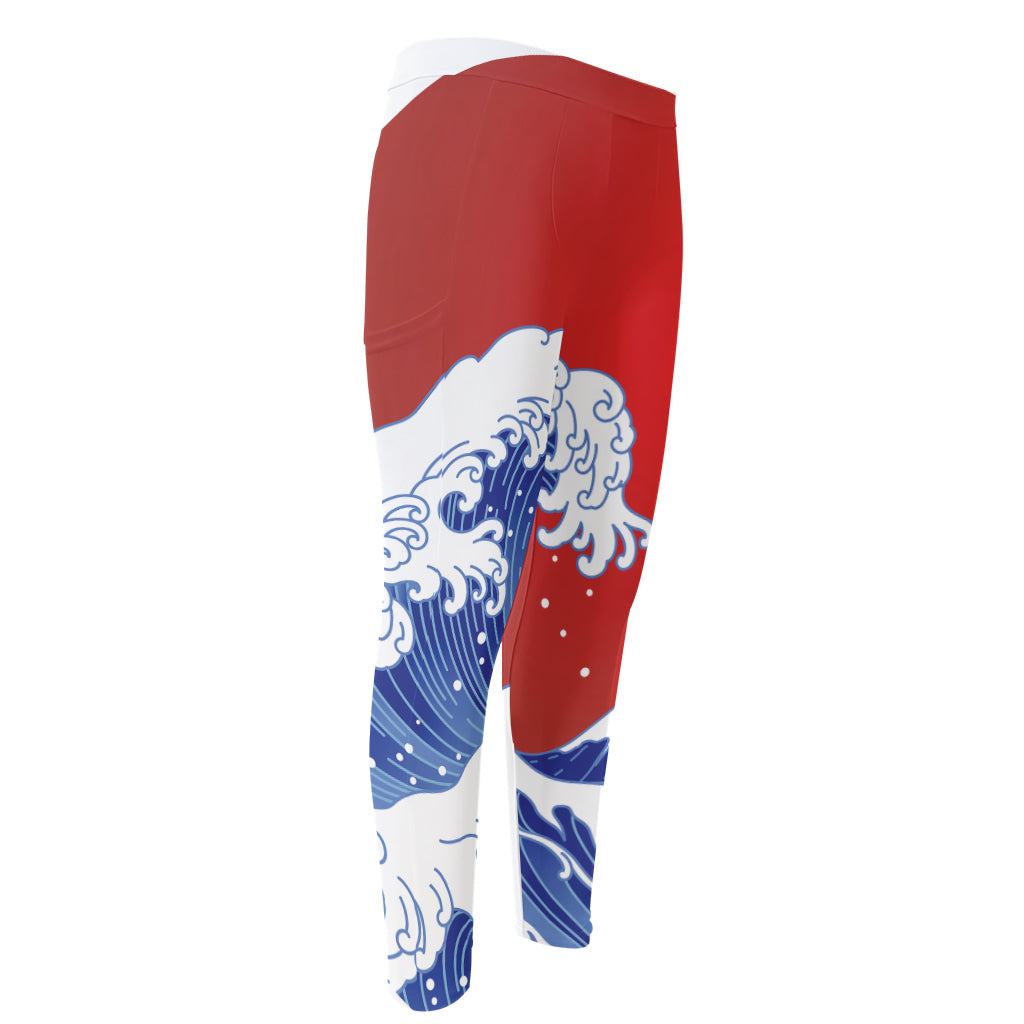 Red Sun Japanese Wave Print Men's Compression Pants