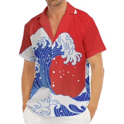 Red Sun Japanese Wave Print Men's Deep V-Neck Shirt