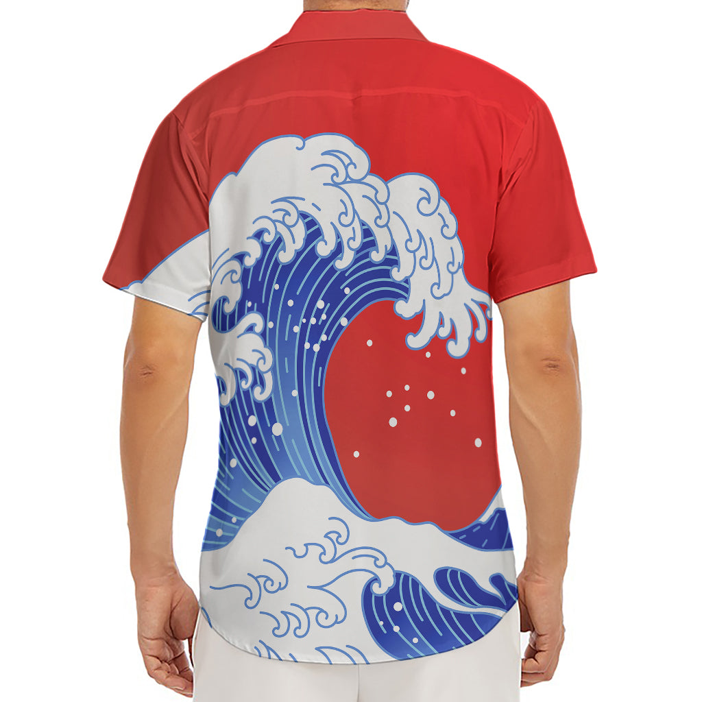 Red Sun Japanese Wave Print Men's Deep V-Neck Shirt