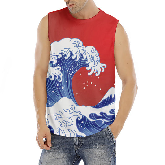 Red Sun Japanese Wave Print Men's Fitness Tank Top