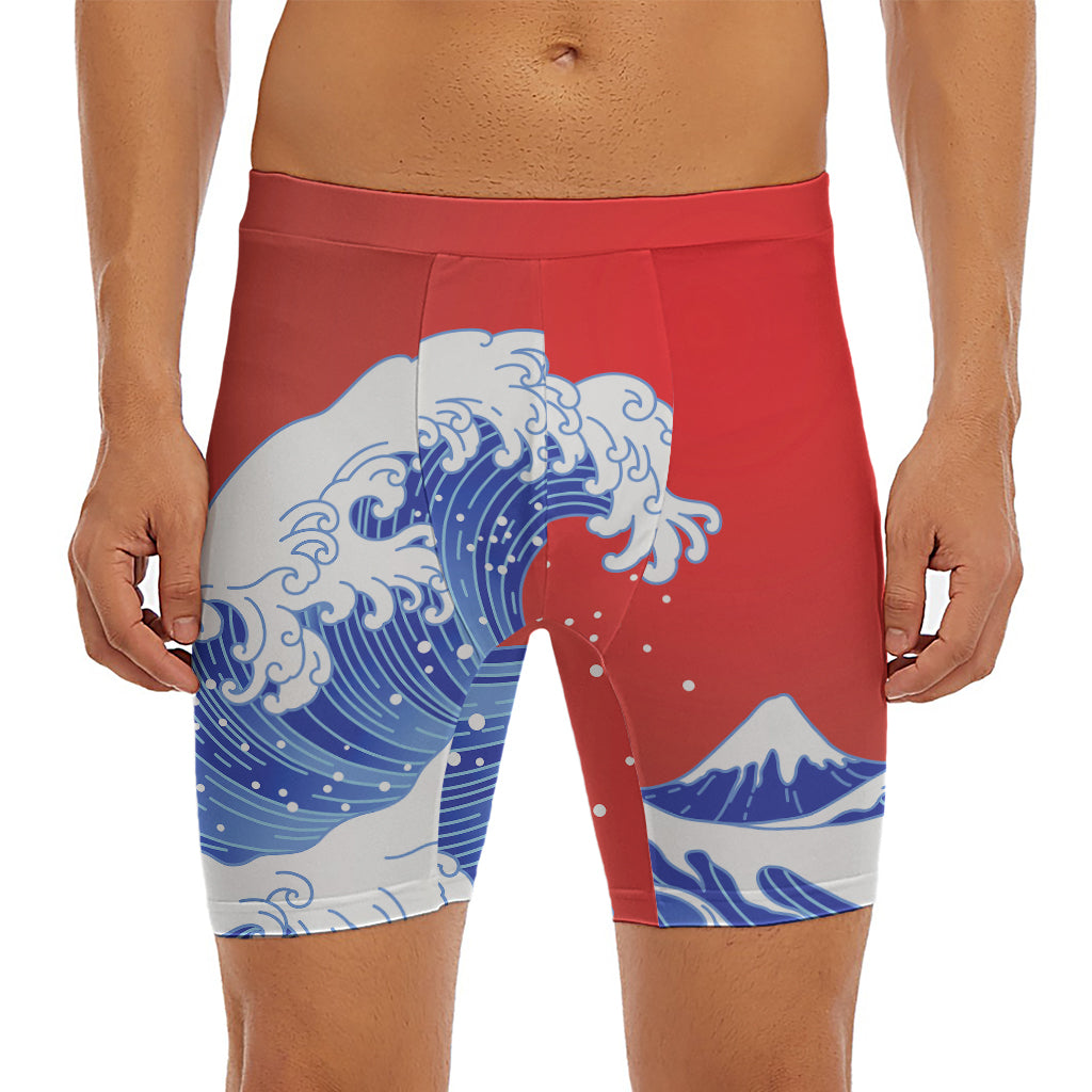 Red Sun Japanese Wave Print Men's Long Boxer Briefs