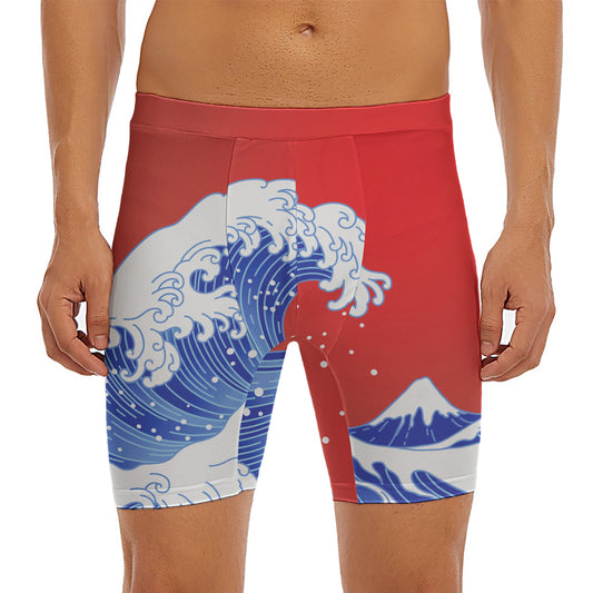 Red Sun Japanese Wave Print Men's Long Boxer Briefs